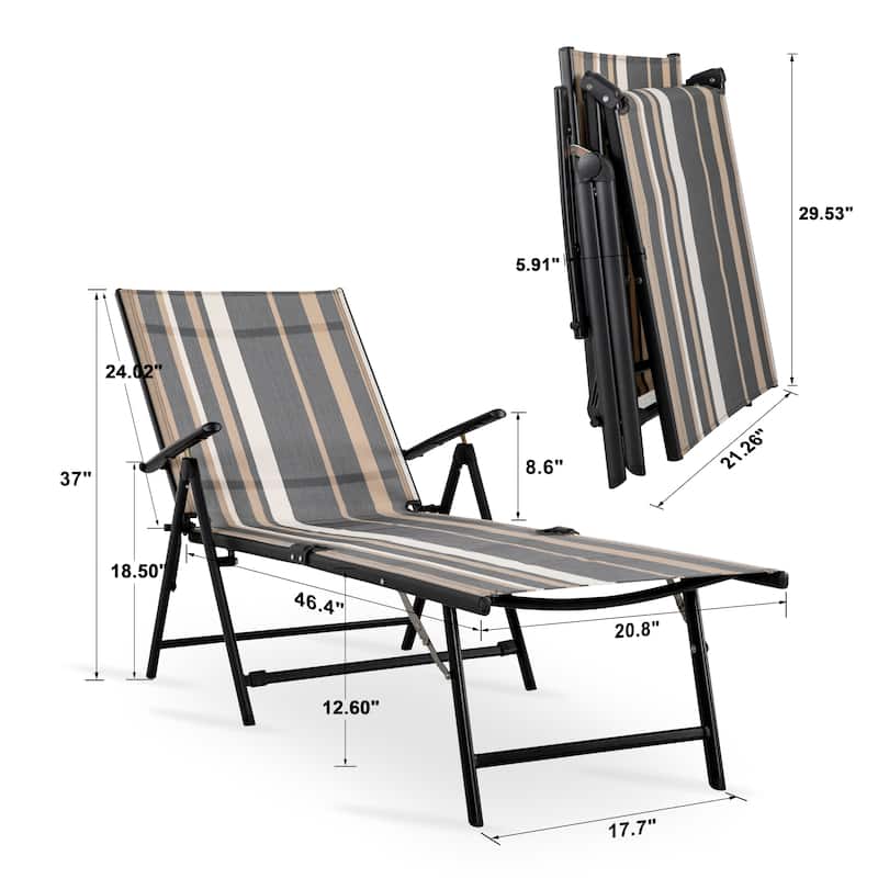 Outdoor Folding Chaise Lounge with 7-Position Adjustable Backrest and Armrests, Taupe Stripes - N/A