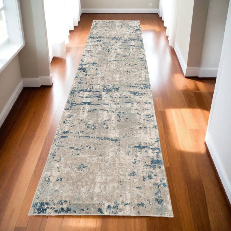 Caki Power Loomed Abstract Modern Durable Area Rug By HomeRoots - 144' X '26' X '0.32 - 144' X '26' X '0.32 - Oxford Blue - Runner