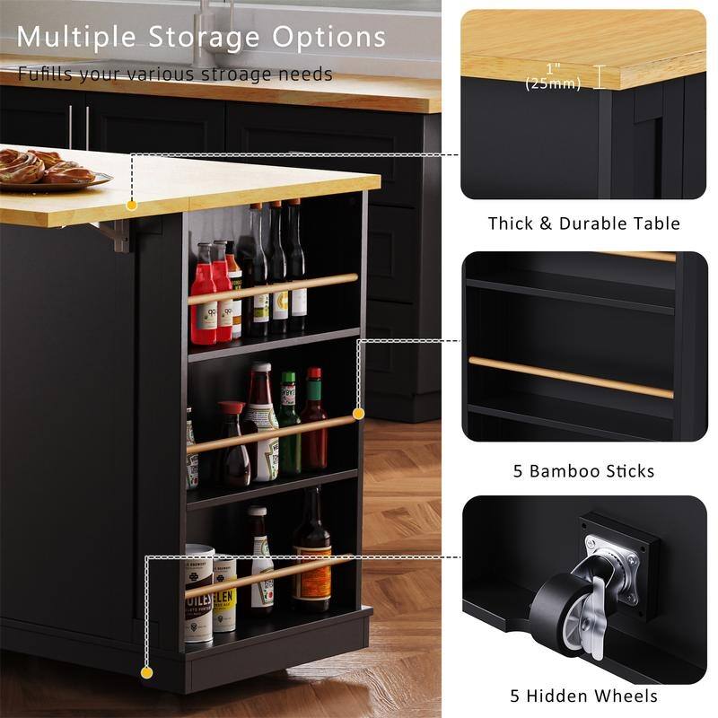 3-Piece/1 Piece Kitchen Island Set with/without 2 Bar Stools, Kitchen Cart on Wheels with 3 Drawers, Drop Leaf & Open Side Racks