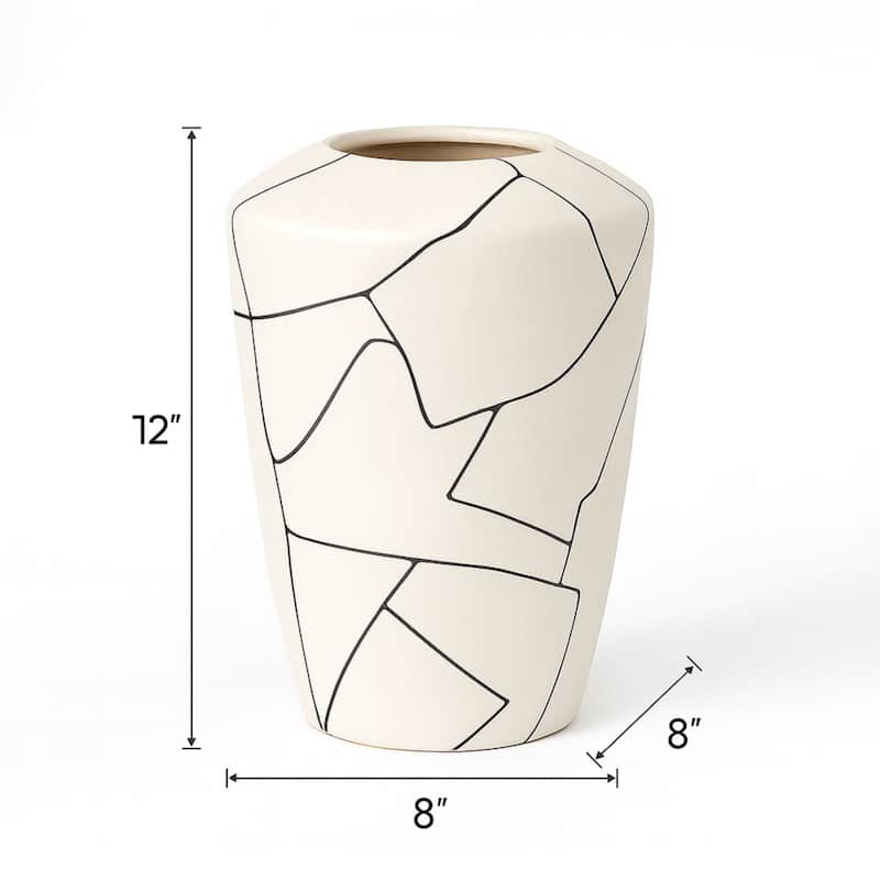 Modern Abstract Milky White Ceramic Vase with Black Line Design