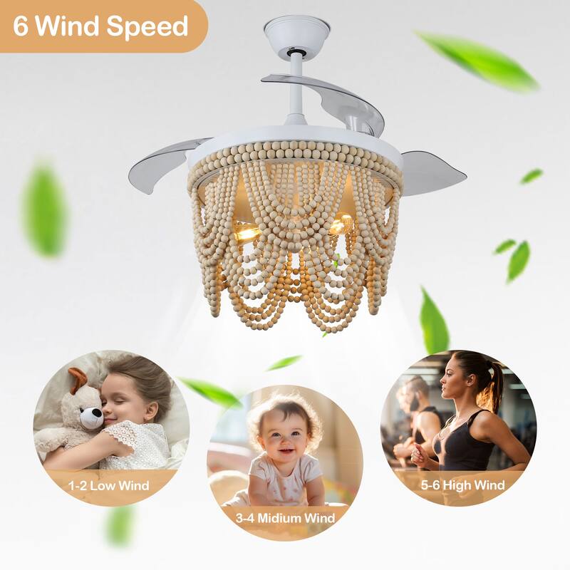 Cusp Barn 42" Retractable Ceiling Fan with Light, Farmhouse Wooden Bead Chandelier, Quiet DC Motor 6 Speeds Bohemian Ceiling Fan
