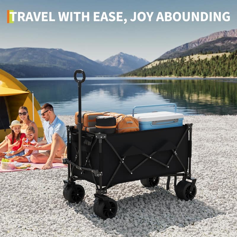 Folding All Terrain Utility Wagon Cart with Wheels and Cup Holders