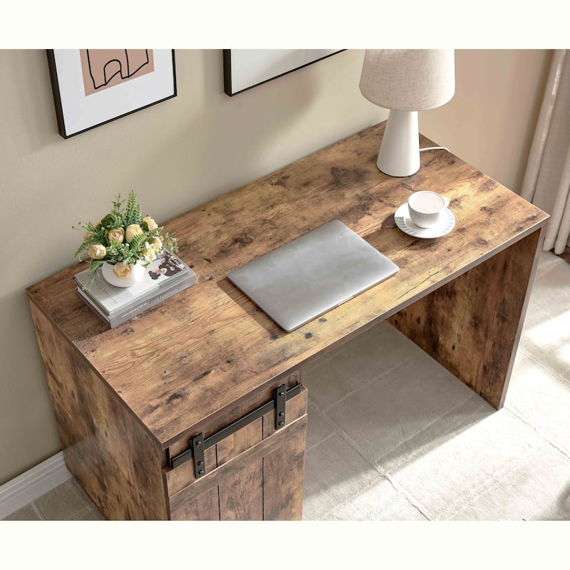 Rustic Home Office Desk with Faux Barn Door Cabinet, Removable Shelves, and Finished Distressed Wood Look