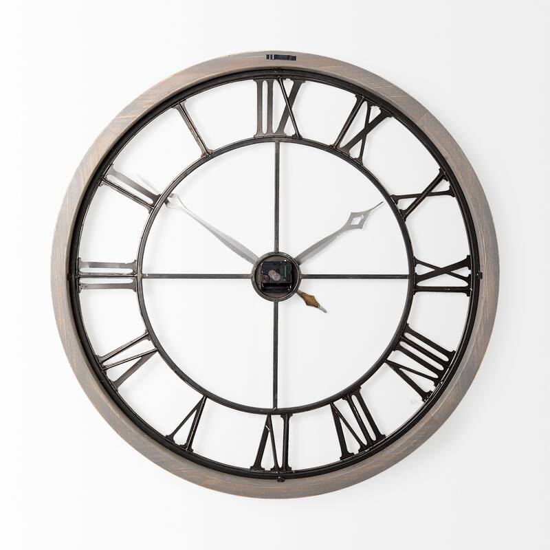 Mething Gray Wood and Black Metal 32" Round Wall Clock - 31.5"W x 2.4"D x 31.4"H