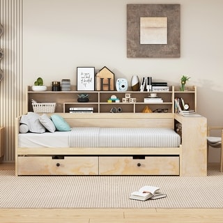 Maximize Stroage Space Daybed Wooden Platform Bed Natural Finsh Twin Size Daybed Frame w/ 2 Drawers, No Box Spring Needed