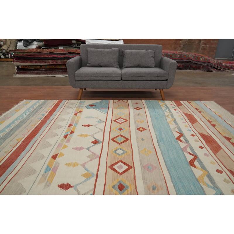Hand Woven Oriental 100% Wool Carpet Southwestern Tribal Multi-Colored Kilim Area Rug - 9' 10'' X 8' 3''