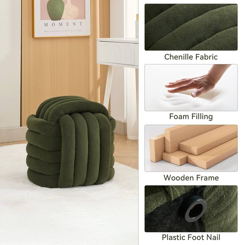 060Chenille Fabric Modern Knot Design Ottoman Makeup Stool Footstool, Comfortable and Stylish Seat for Living Room, Bedroom,