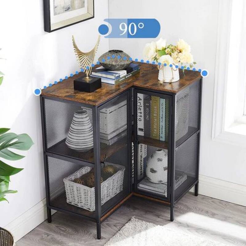 VECELO L-Shaped 3-Tier Corner Cabinet 29.4" End Table with Mesh Doors and Storage Shelves 90° Angle Design Free-Standing Table