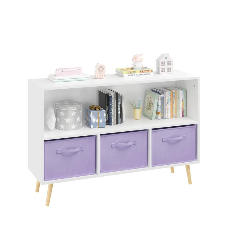 Anmytek White/Gray Kids Storage Organizer with Fabric Drawers White Bookcase Toy Display Shelf