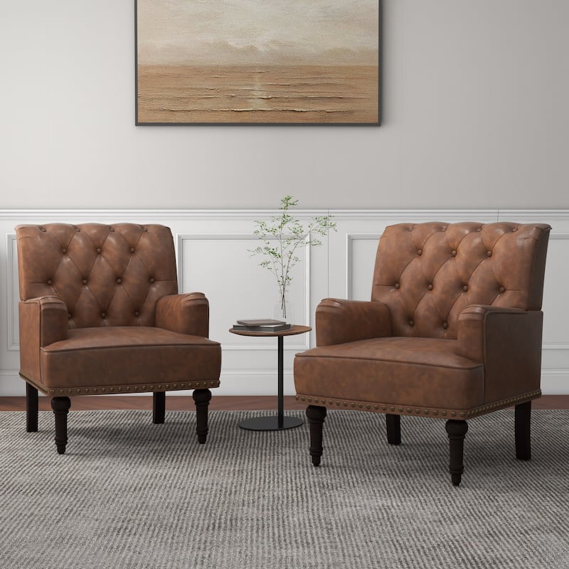 Tufted Vegan Leather Accent Chairs Armchairs with Nailhead Trim - Brown-2Set