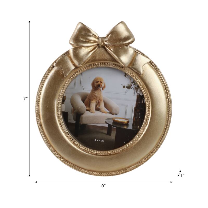 Gold 4x4 in. Polyresin Glam Round Photo Frame with Bow