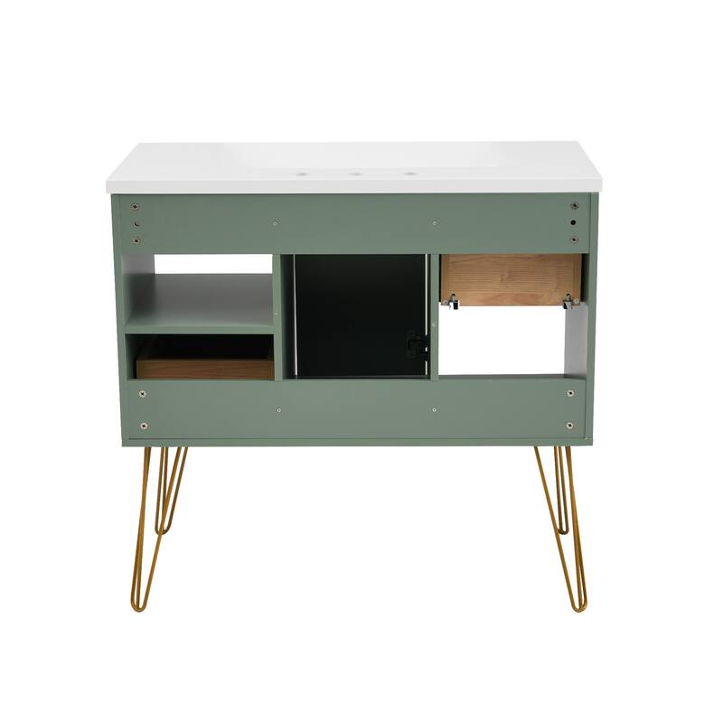 Freestanding Green Storage Cabinet for Bathroom Vanity with Resin Sink, 2 Drawers, 2 Storage Compartments and Gold Handles