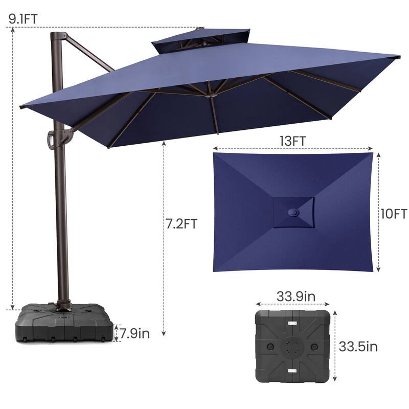 10 x 13 Feet Double Top Rectangular Rotating Patio Offset Cantilever Umbrella with Crank