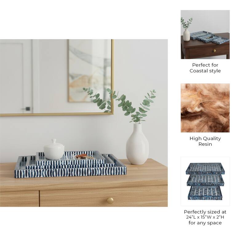 Blue/White 13/18/24 in. Trays with Inlay Pieces (Set of 3) - 24.0"