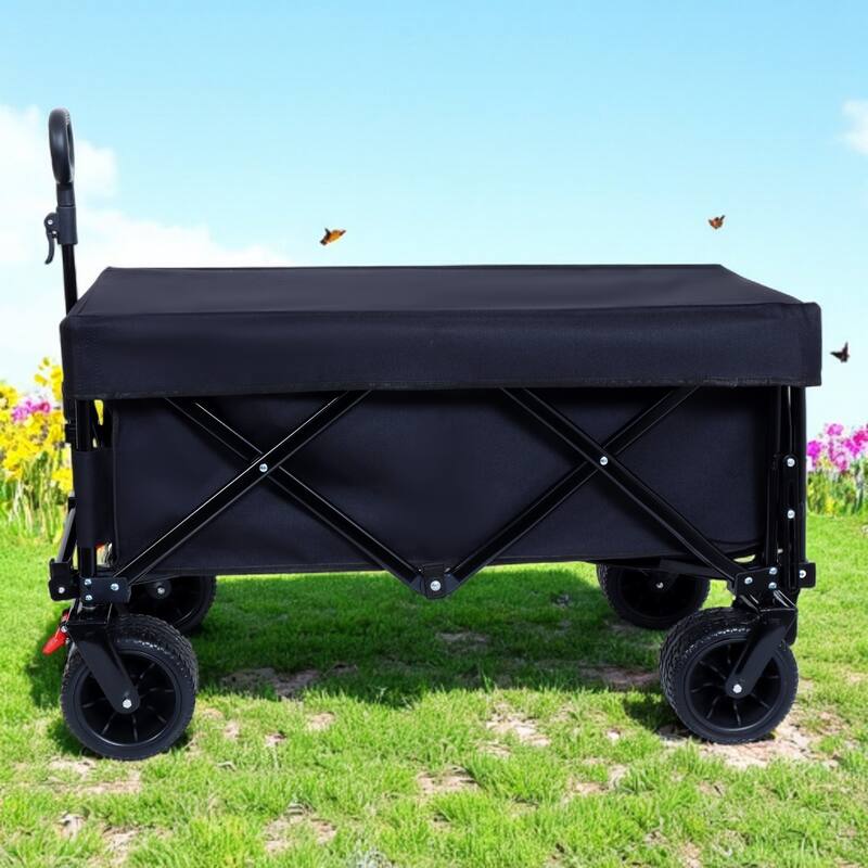 Foldable Handcart with Roof – Expandable Tailgate, 360° Swivel Wheels – Ideal for Beach, Camping, Gardening, and Shopping