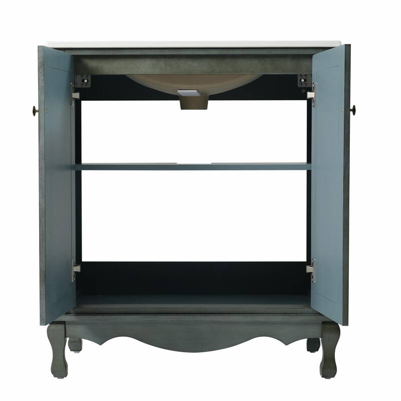 30" Vintage Bathroom Vanity - Rectangle Sink, Antique Handles, Solid Wood Legs, and Adjustable Shelves