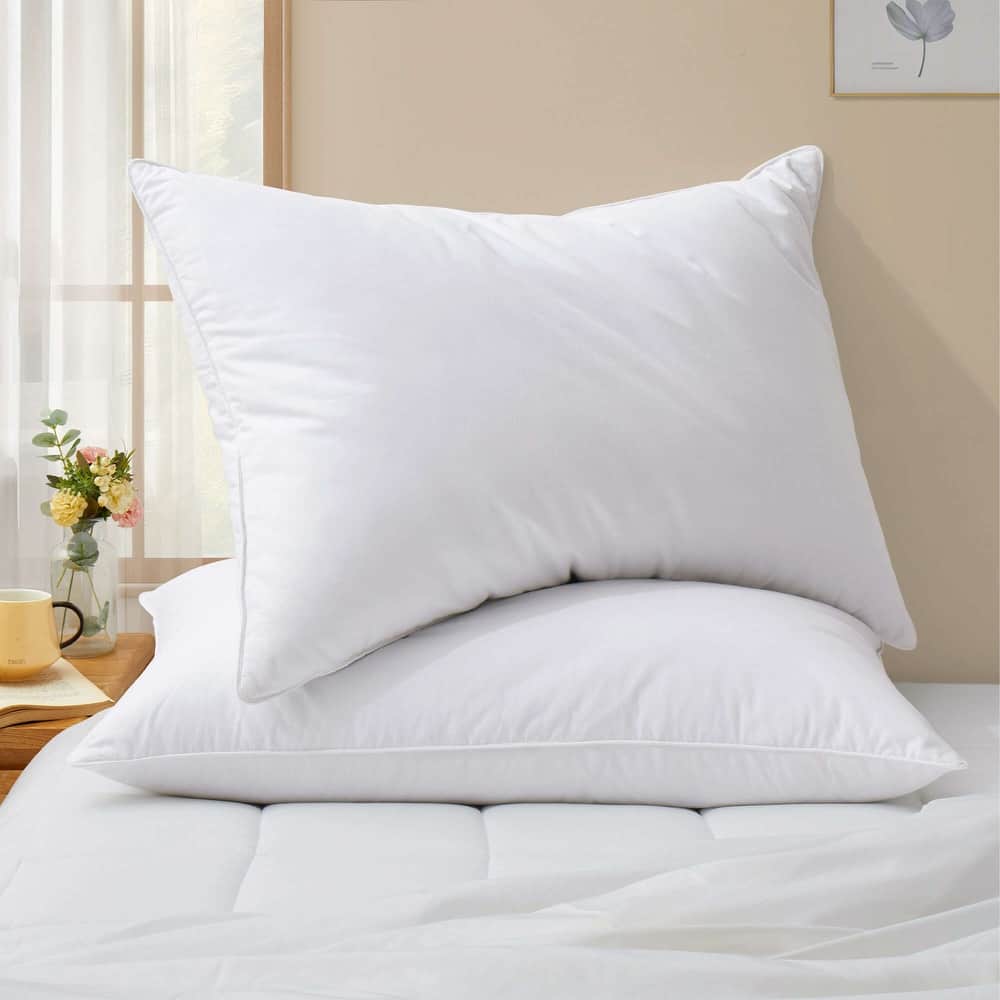 Set of 2 Goose Down Feather Oval Gusset Bed Pillows with 100% Cotton Cover - White