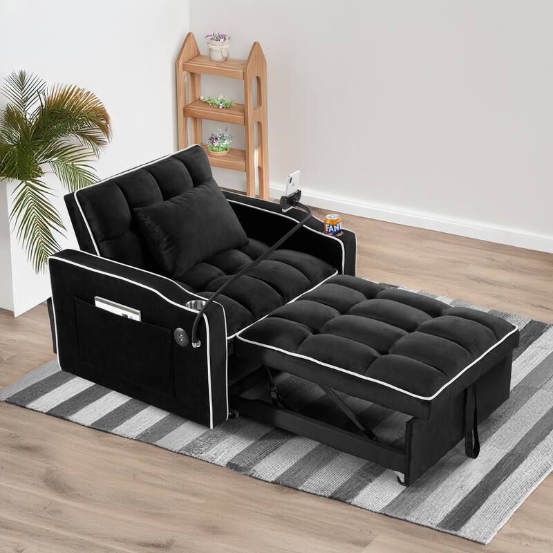 Black Velvet Single Convertible Sofa Bed with USB Charging Port - Black