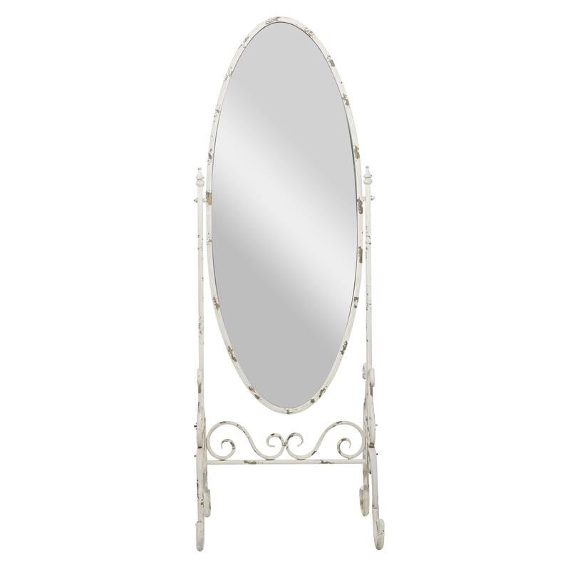 White Metal Oval Scroll Room Floor Mirror with Stand