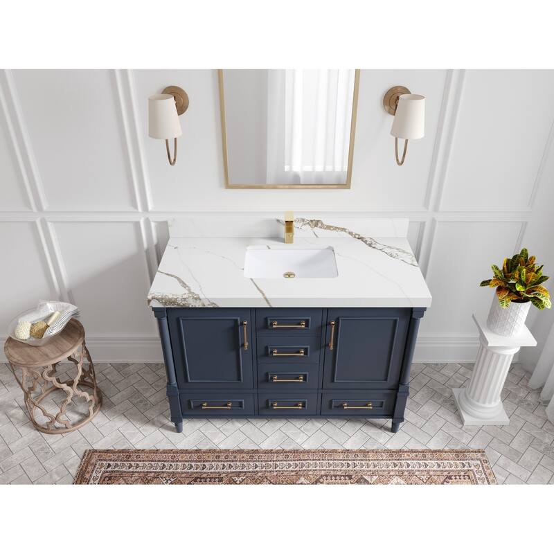 Willow Collections 48 in. W x 22 in. D Aberdeen Single Bowl Sink Bathroom Vanity with Countertop - 2" Calacatta Gold - Hale Navy Blue