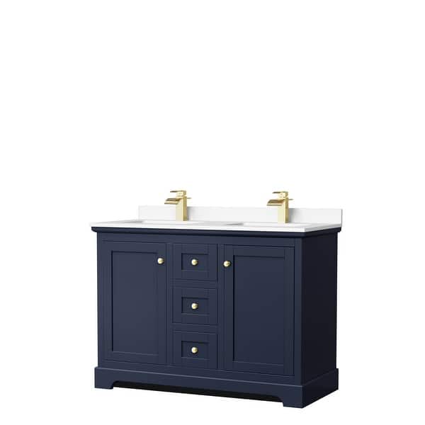 slide 2 of 60, Avery 48 Inch Double Vanity, Cultured Marble Top Dark Blue, Gold Trim, White Cultured Marble Top
