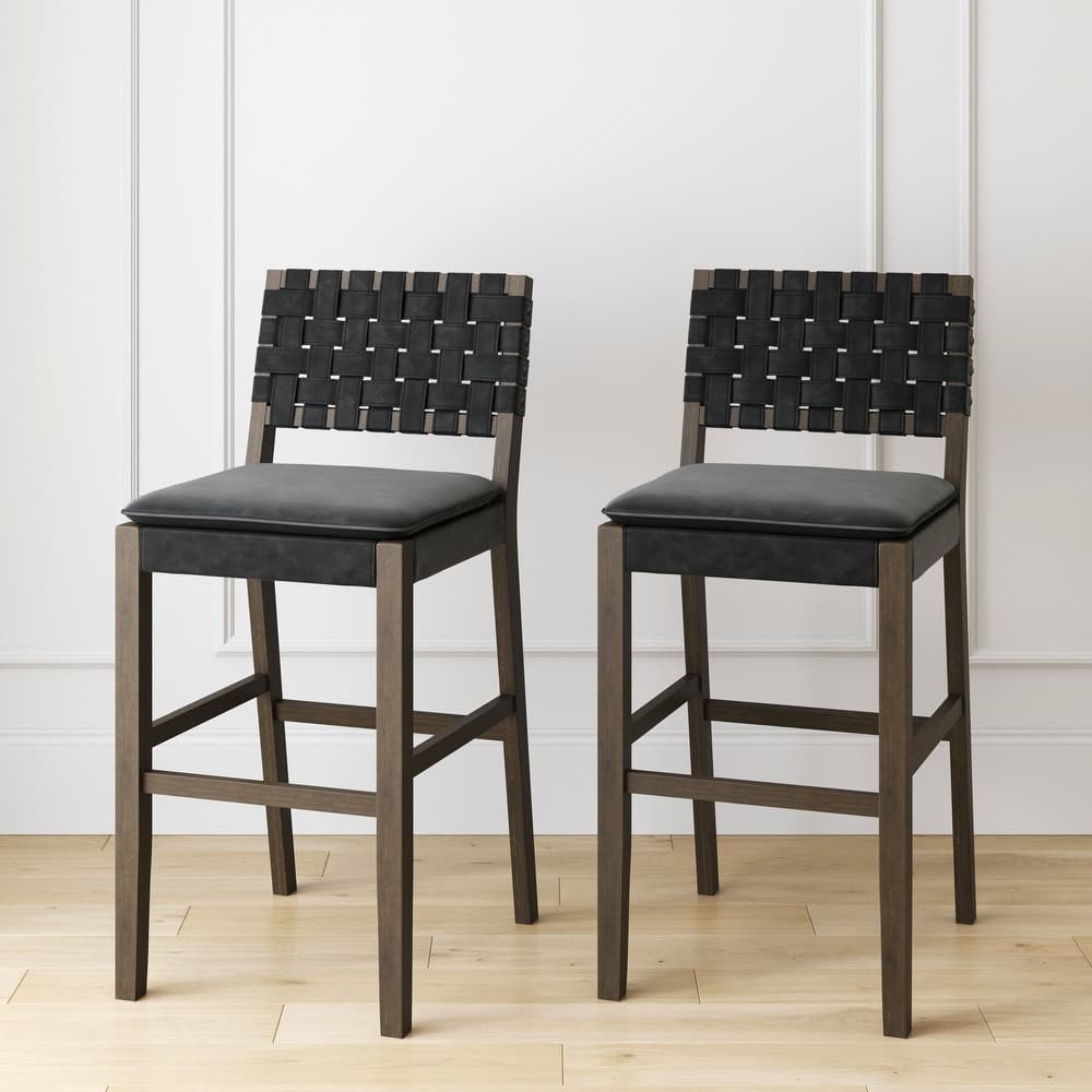 Nathan James Cohen Faux Leather Counter or Bar Height Stool, Solid Wood Frame with Footrest and Woven Leather Back
