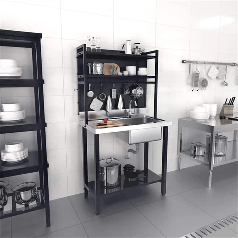 Single Bowl 304 Stainless Steel Sink Kitchen with Drainboard & Shelves