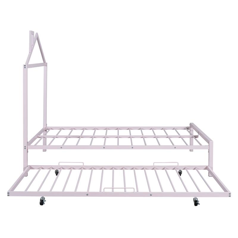 Metal Platform Bed with Twin Size Trundle,House-Shaped Headboard