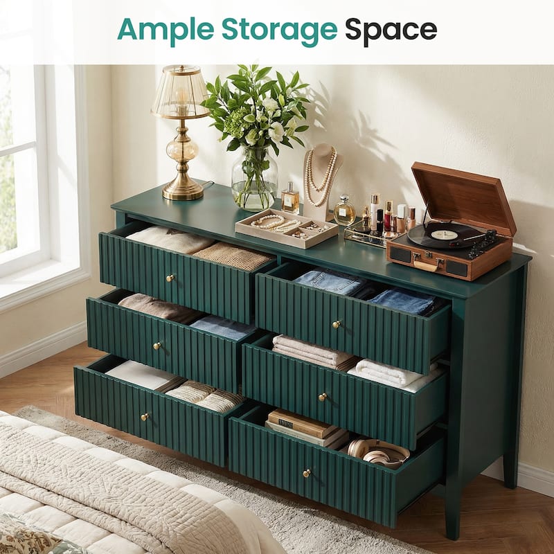 green modern dresser 6 Drawer Dresser Fluted Modern with 5 Colors Available | High Weight Capacity Wood Dresser for Bedroom