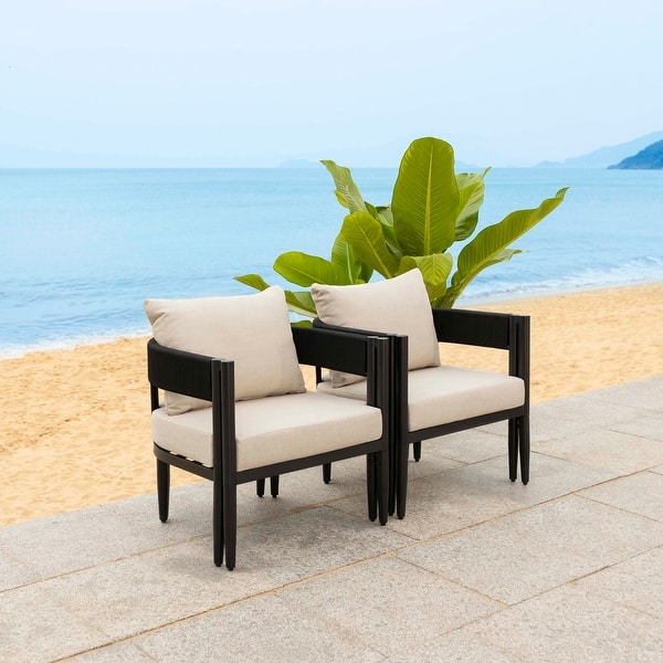 slide 2 of 19, SAFAVIEH Outdoor Patio Furniture Viola Chair (Set of 2) - 28"W x 28"D x 26"H Black/Taupe