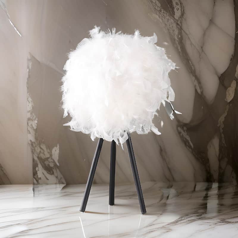 Rio 21 Inch Accent Table Lamp, White Feather Shade, Black Metal Tripod Base