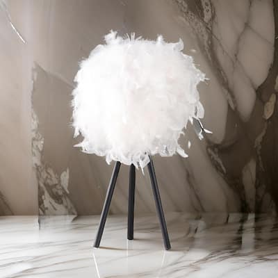 Rio 21 Inch Accent Table Lamp, White Feather Shade, Black Metal Tripod Base
