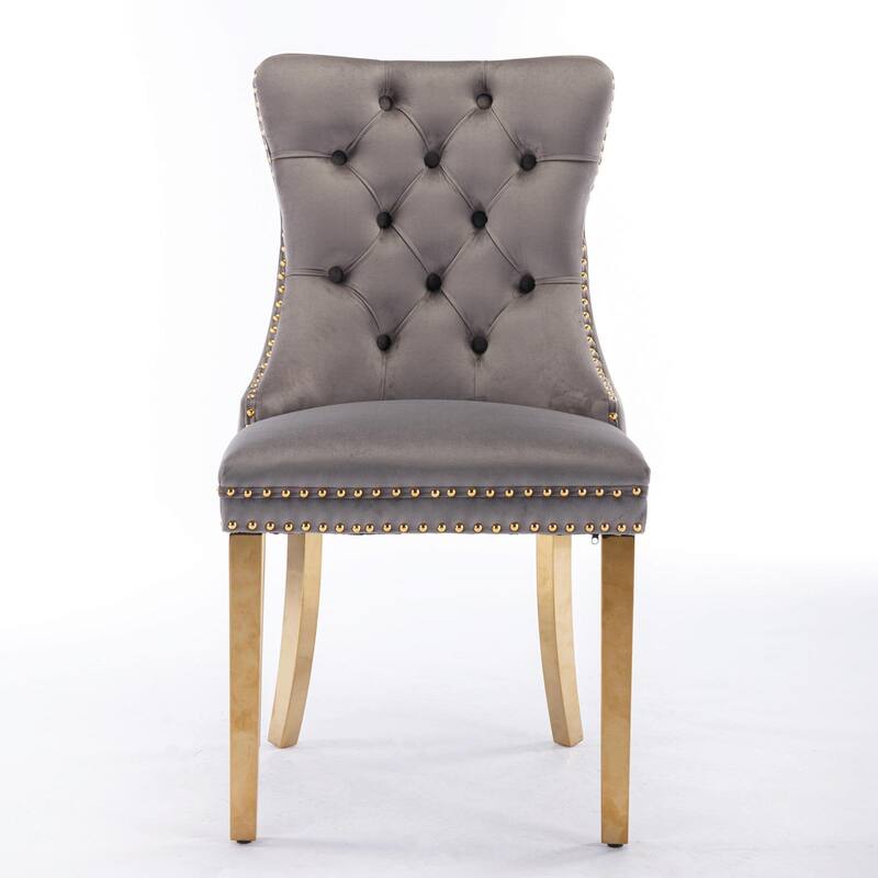Tufted Velvet Dining Chairs - Solid Wood - Golden Stainless Steel Legs - Nailhead Trim - Set of 2