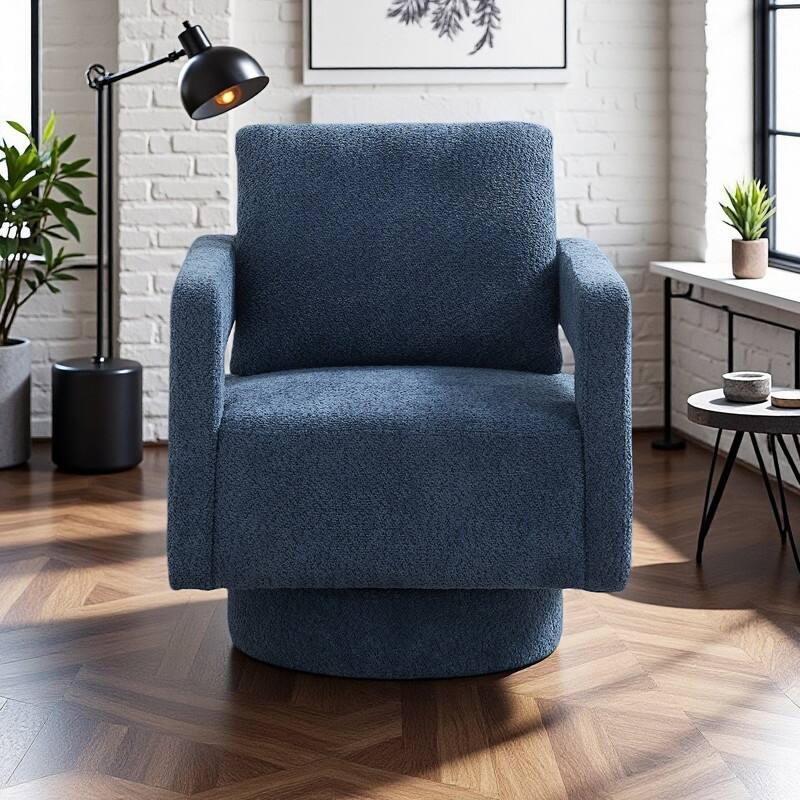 Bouclé 360° Swivel Accent Chair with Removable Back Cushion(250lb Capacity) - Navy