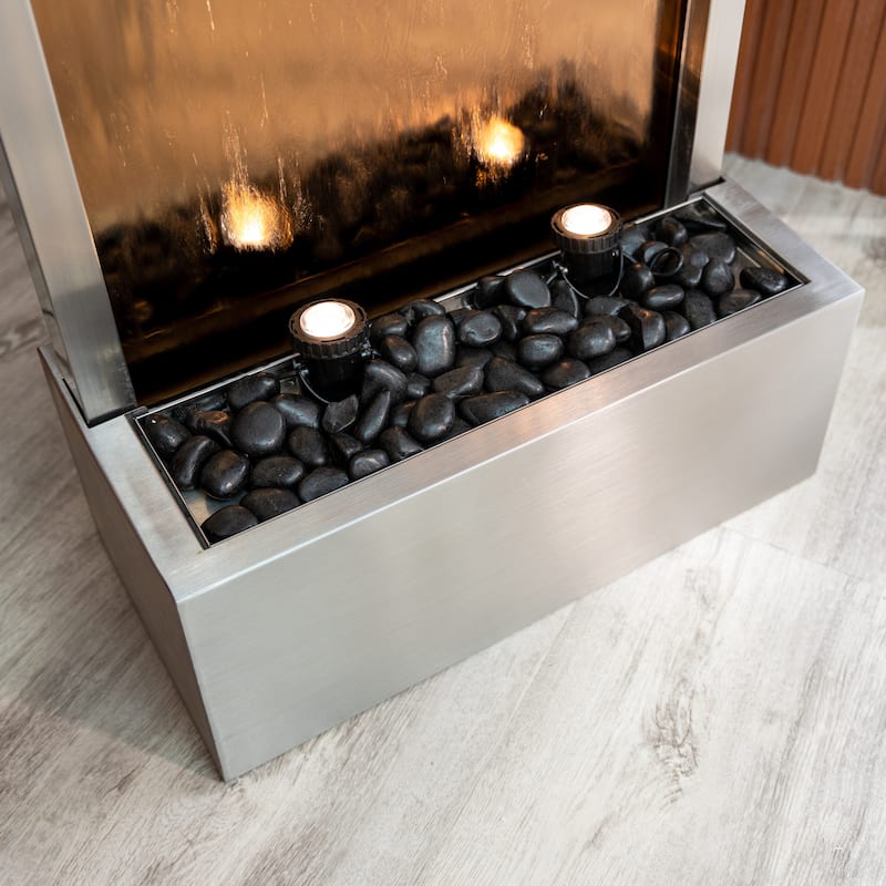 68 in H Freestanding Waterfall Fountain w/ Decorative Rocks LED, Auto-Shut Off Pump Stainless Steel/Bronze Glass, Silver Frame