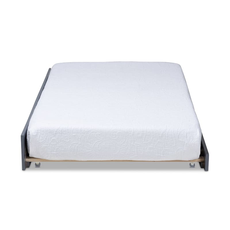 Twin Size Trundle Bed - Grey Wood Frame, Classic Design, Roll Out Guest Bed