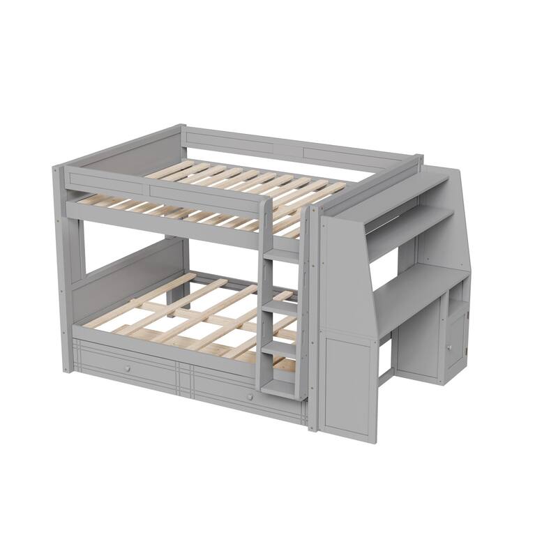 Full Size Multifunctional Bunk Bed Frame with Bookshelves, Desk and Cabinet, Optional with Pull-out Drawers or Trundle Bed