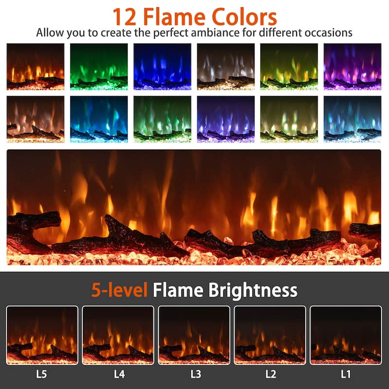 Black 3-Sided Electric Fireplace with Remote and Panoramic Tempered Glass Flames 5000 BTU Heater