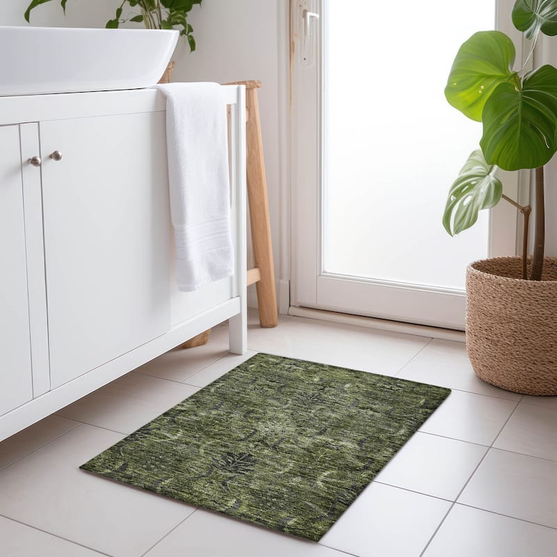 Machine Washable Indoor/ Outdoor Boho Traditional Chantille Rug - Olive - 1'8" x 2'6"