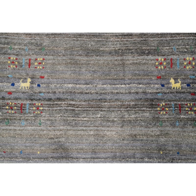 Hand Knotted Oriental Viscose Silk Carpet Tribal Animal Pictorial Greys & Charcoal Gabbeh Runner Rug - 8' 9'' X 2' 7''