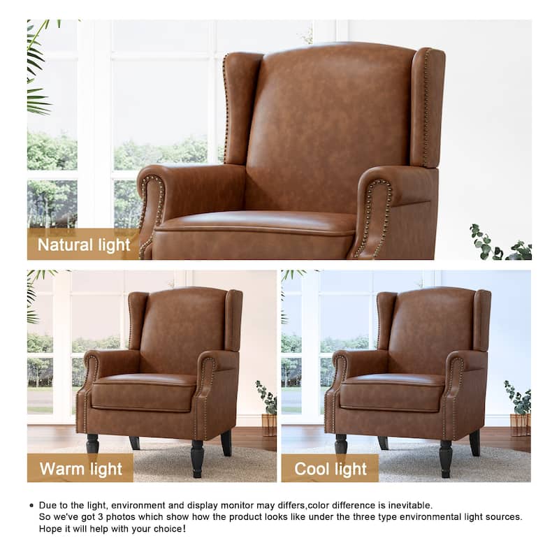 Mid-Century Modern Linen/ Vegan Leather Wing Back Accent Chair