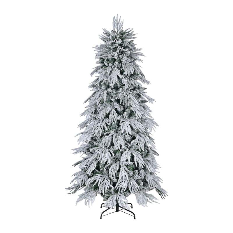 7ft Slim Flocked Christmas Tree Pre-lit w/767 Premium PE&PVC Tips, 250Warm White LED Lights, Skinny Noble Artificial Tree