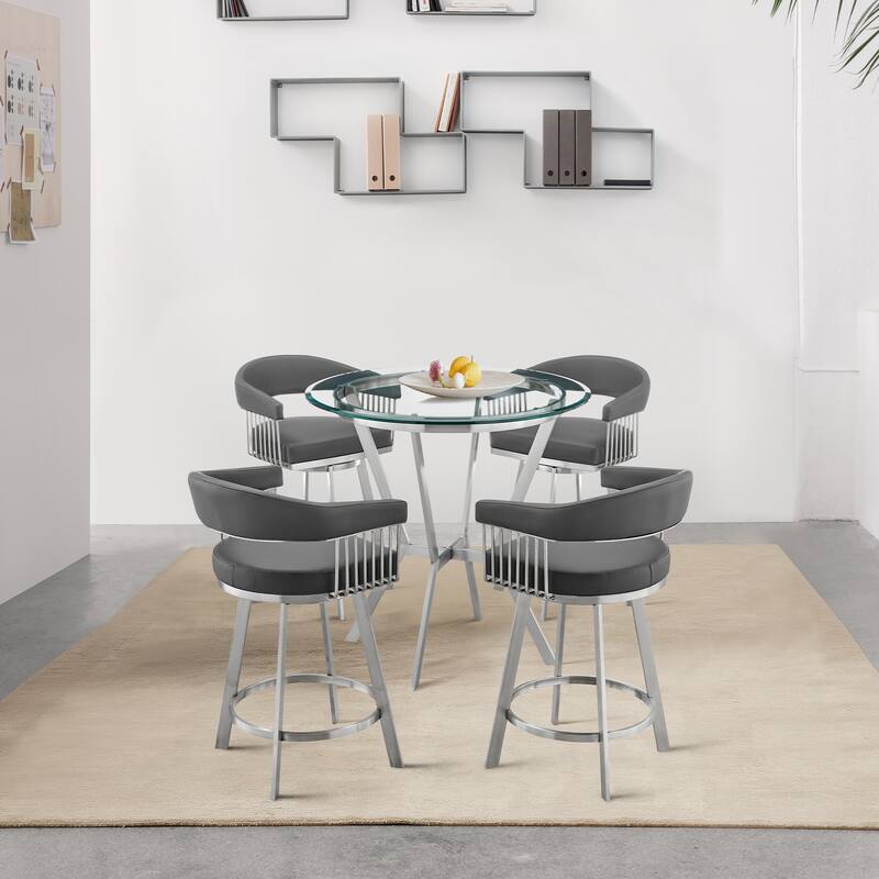 Naomi and Chelsea Counter Height Dining Set in Grey Faux Leather - 5-Piece Sets - Grey & Brushed Stainless Steel