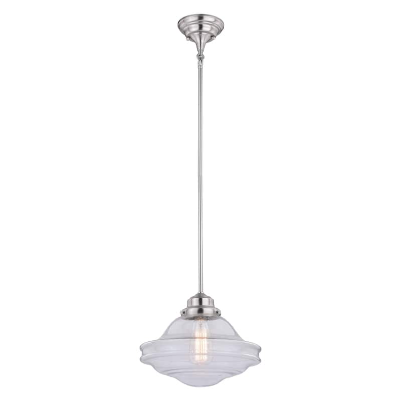 Huntley 1 Light Satin Nickel Farmhouse Schoolhouse Pendant Clear Glass - 12-in W x 14.75-in H x 12-in D - Satin Nickel - 12-in W x 14.75-in H x 12-in D