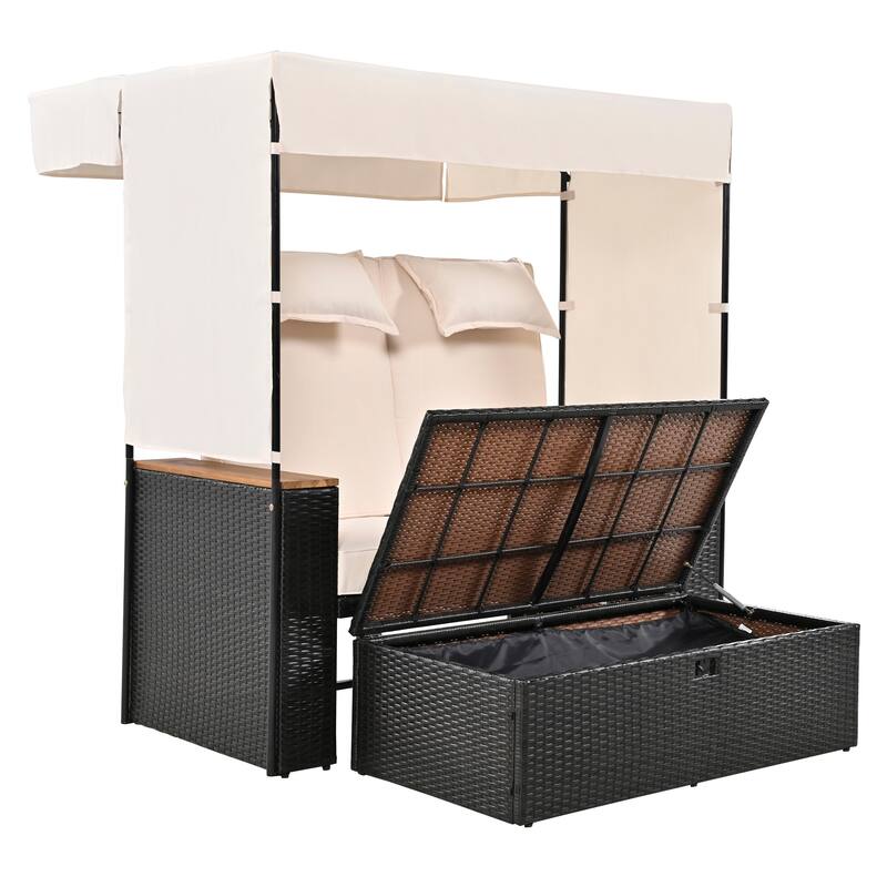 2-Piece Outdoor Rattan Daybed Set with Adjustable Canopy and Cushions, 5 Reclining Positions and Hidden Storage Bench