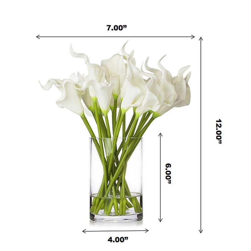 Enova Home Artificial 20 Pieces Real Touch Lilies Fake Silk Flowers Arrangement in Glass Vase with Faux Water for Home Decor