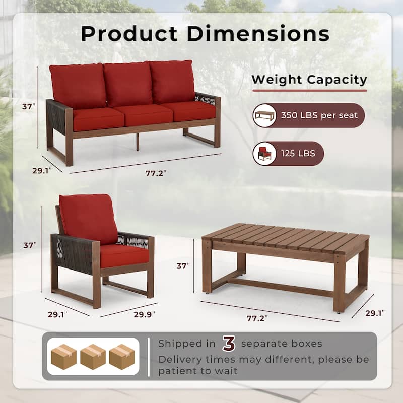 Outdoor 4-Piece Sofa Set with Coffee Table, PE Wicker & Cedar Wood Patio Furniture, Garden Conversation Set with Thick Cushions