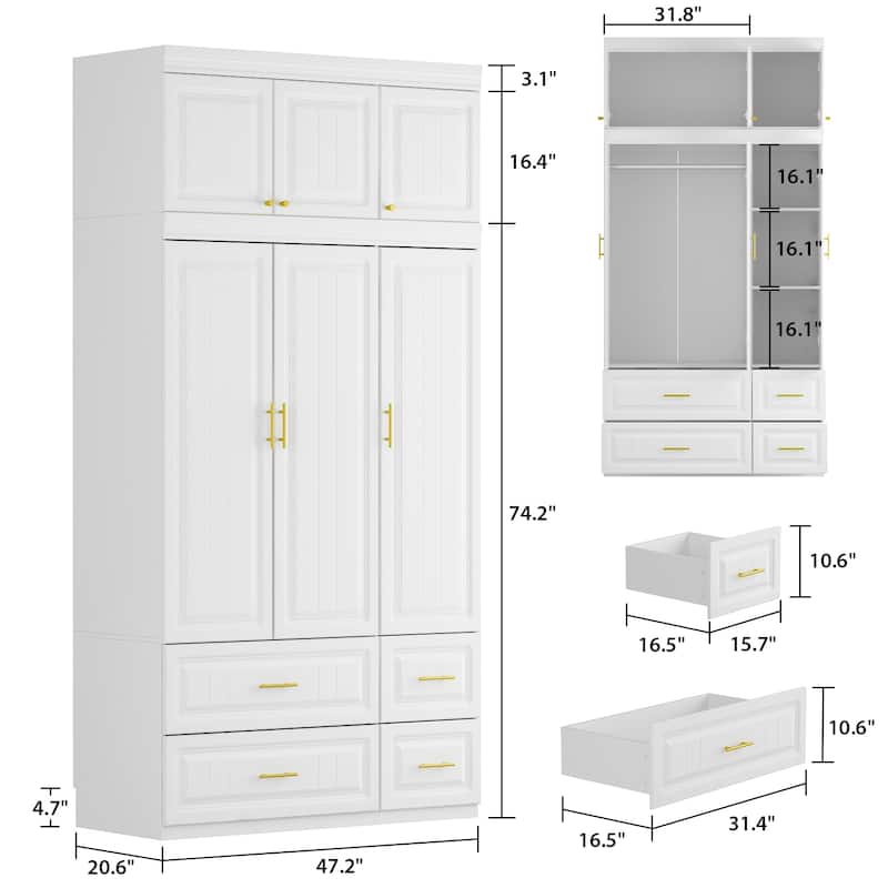 Large Wooden Wardrobe Armoire with Raised Panel Closet Storage Cabinet