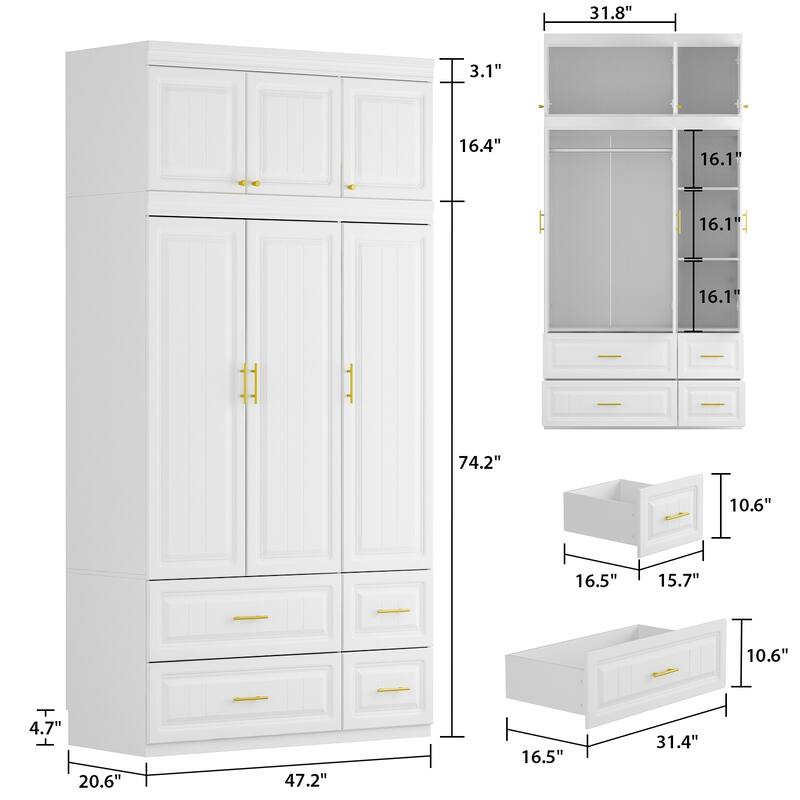Modern Freestanding Wardrobe Armoire Closet High Cabinet Storage White - 93.7"H