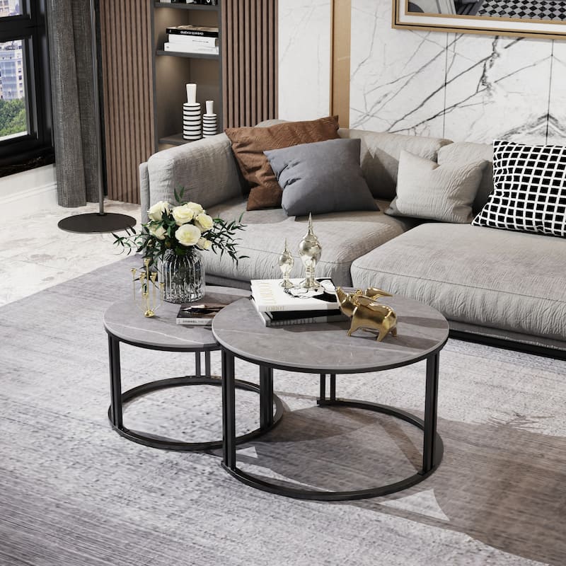 2X Round Nested Coffee Table Sintered Stone Top Metal Tables - 27”x16”